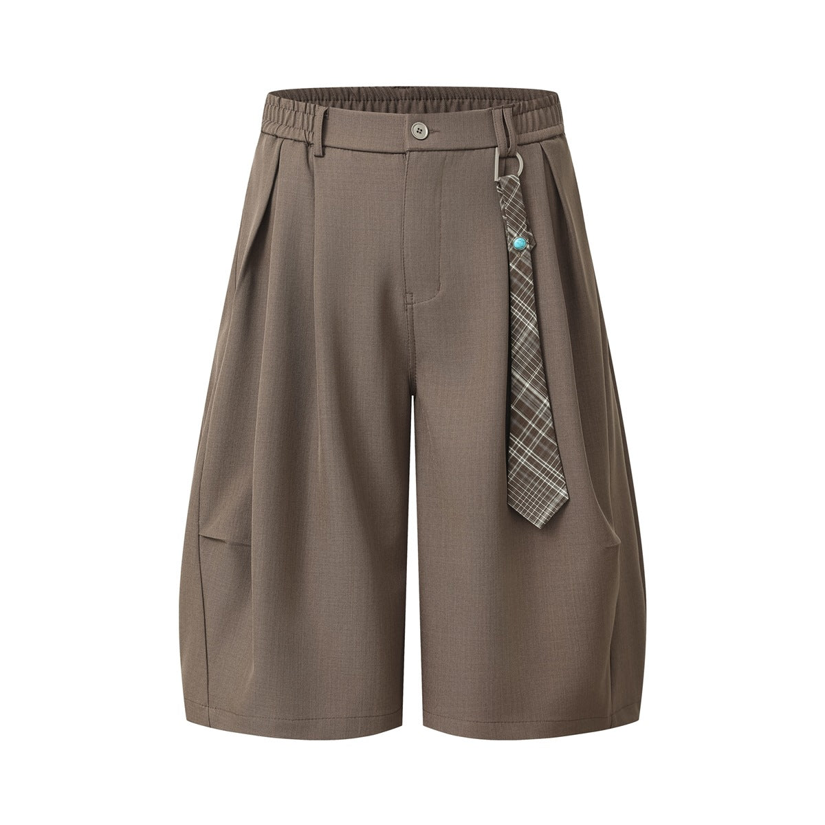 Coffee brown pleated wide-leg knee-length shorts with elastic waist and plaid tie accessory, front view
