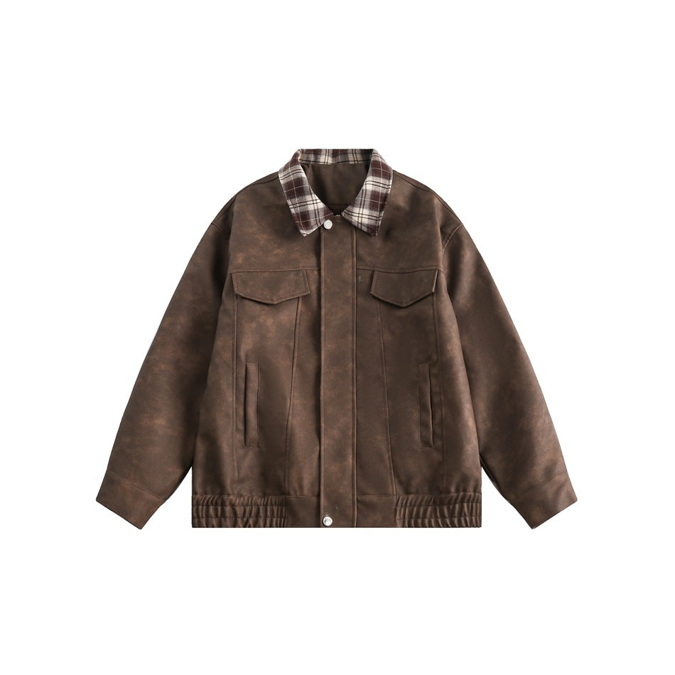 Brown distressed leather-look jacket with plaid collar, chest flap pockets and elastic hem, flat front view