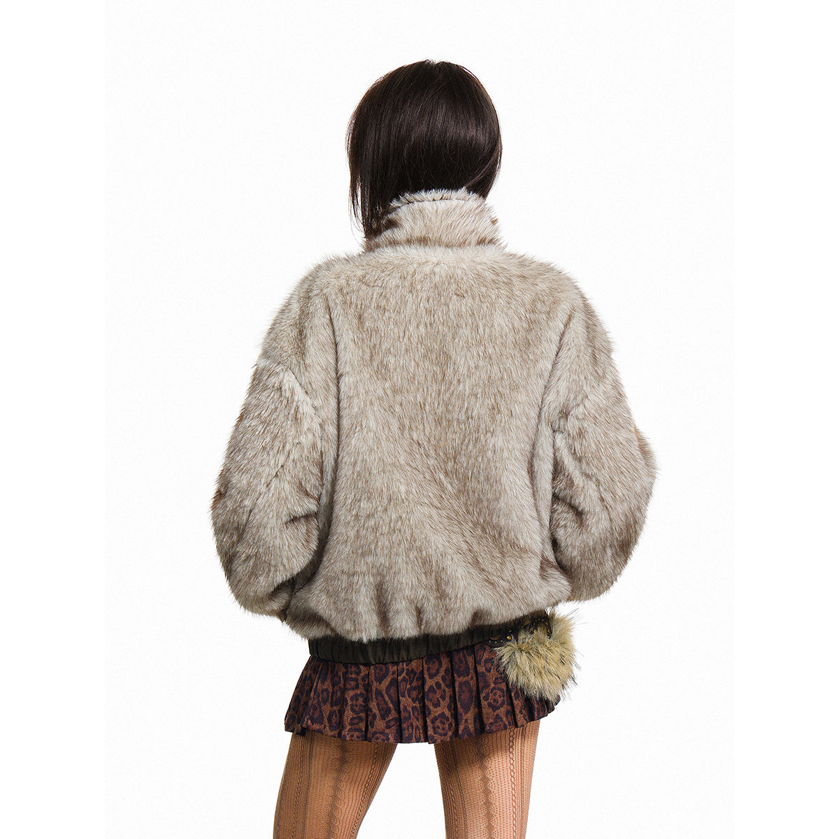 Back view of a light gray-brown plush jacket with a stand collar and gathered hem.