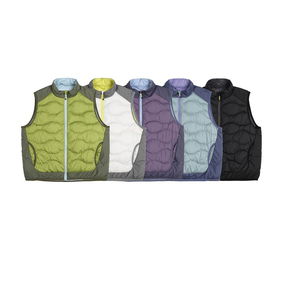 Five sleeveless quilted vests displayed together in lime green, white, mauve, pale blue, and black.