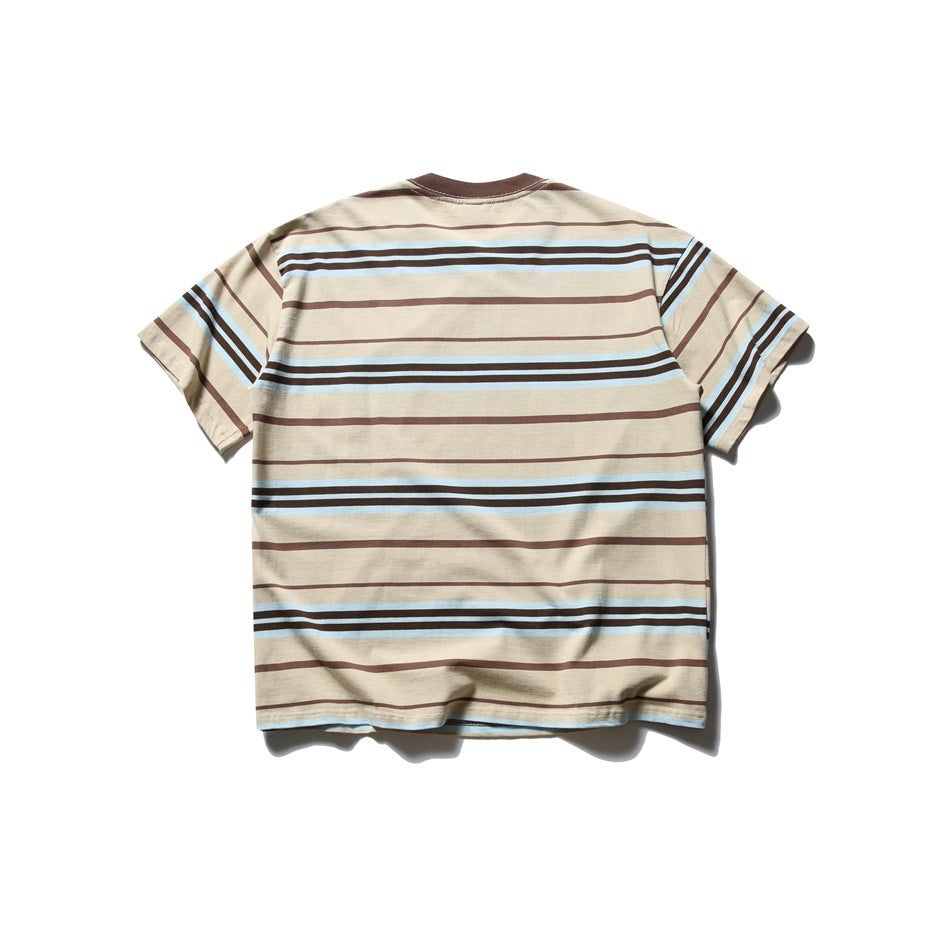 Back view of a beige short-sleeve T-shirt with brown and light blue horizontal stripes.