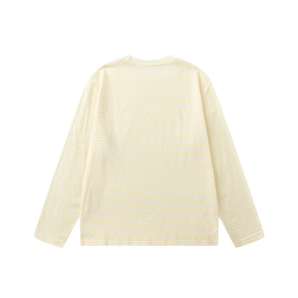 Back view of a yellow striped long-sleeve crew-neck tee with a plain back and thin horizontal stripes