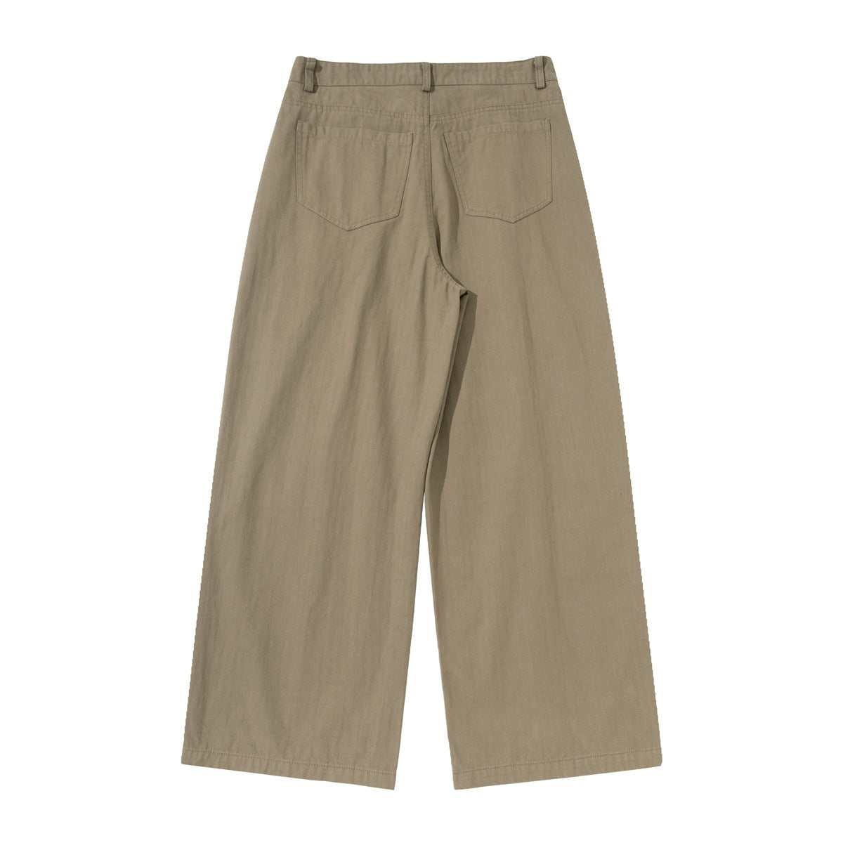 Back view of taupe wide-leg trousers with belt loops, two patch pockets, and full-length hems, shown flat on white.