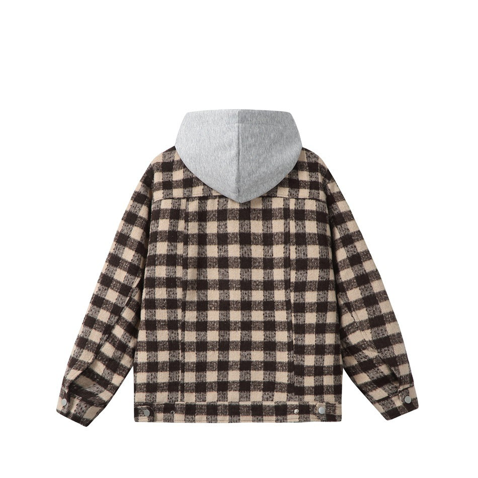 Back of a brown-and-beige plaid jacket with a gray hood, shown flat against a white background.