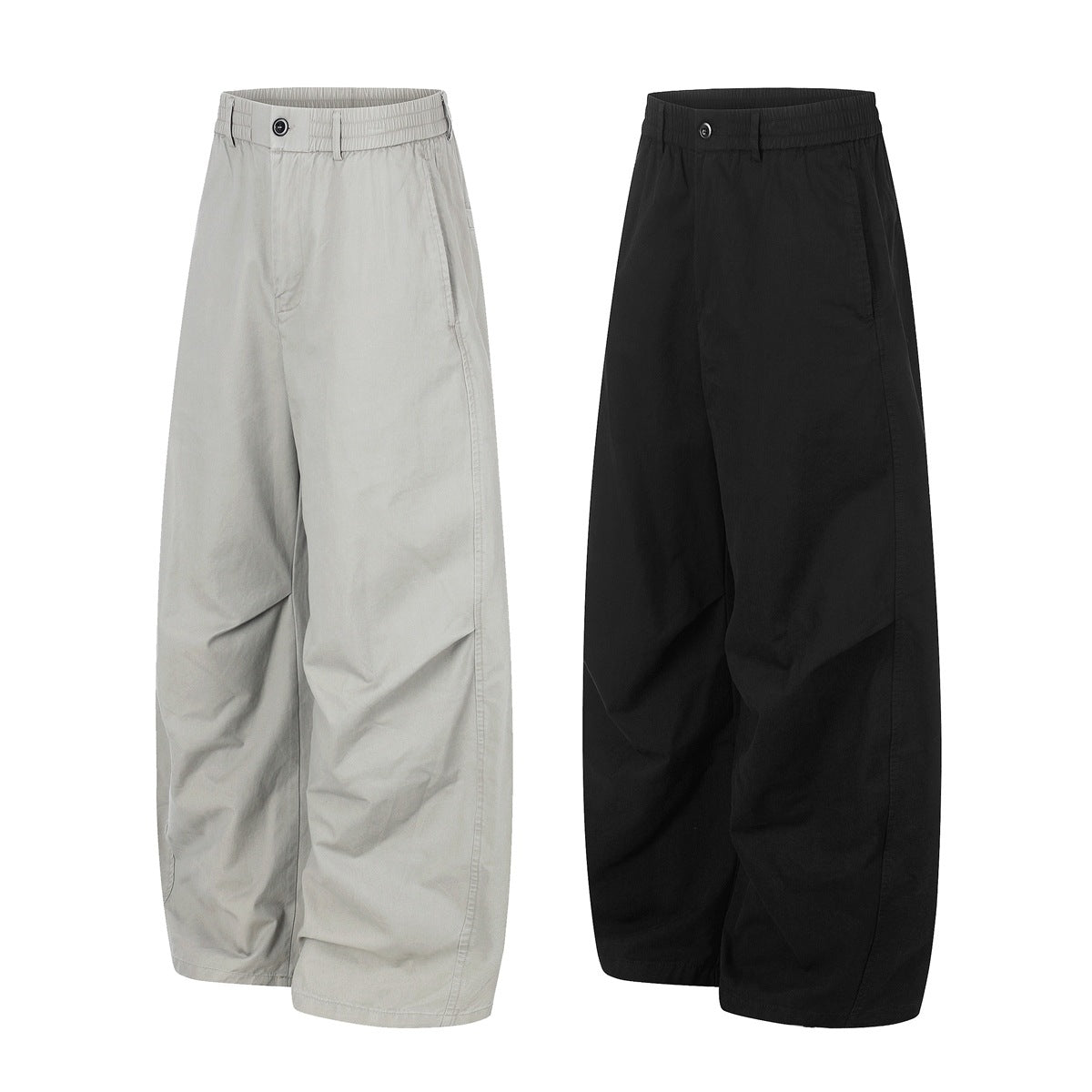 Two pairs of wide-leg trousers shown from the front, in light gray and black, with elastic waistbands and side pockets.
