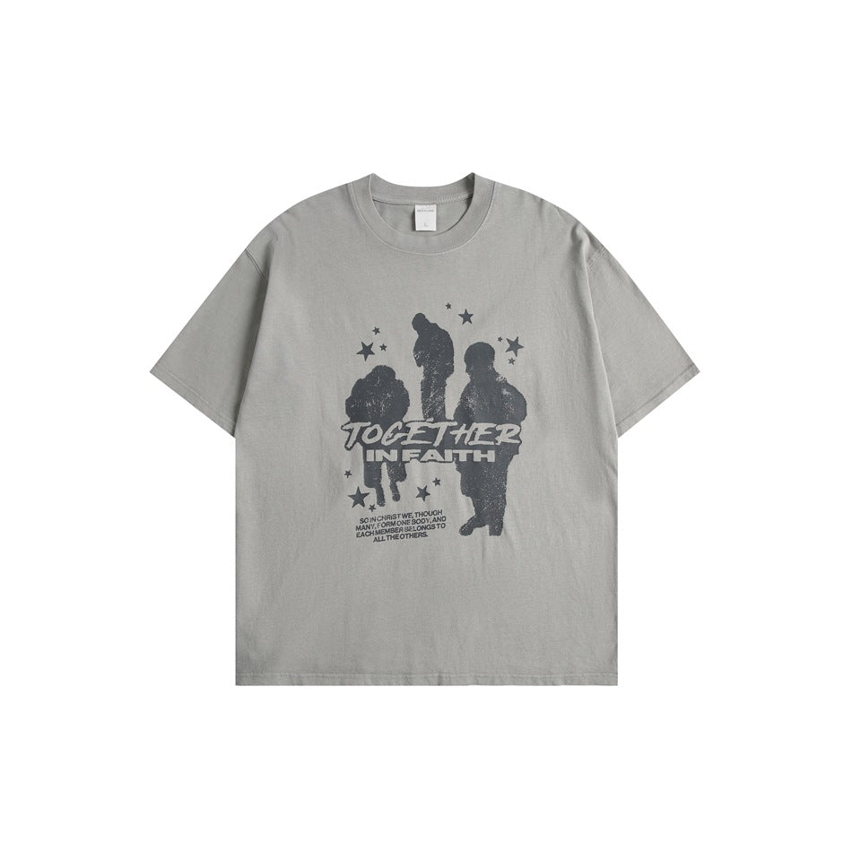 Gray short-sleeve crew-neck t-shirt with a dark gray 'Together in Faith' silhouette and star graphic, flat lay