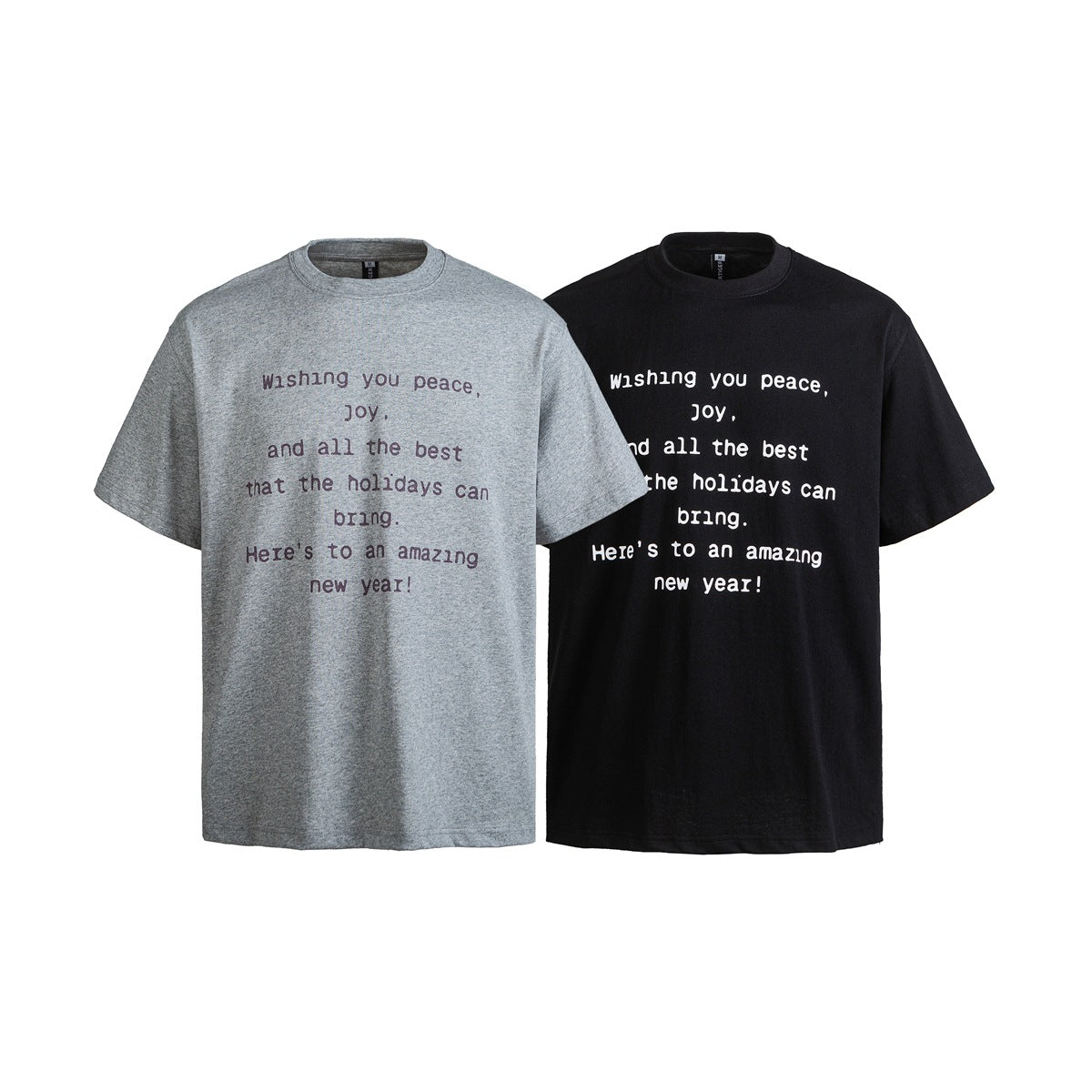 Gray and black short-sleeve crew-neck T-shirts with holiday greetings printed on the front.