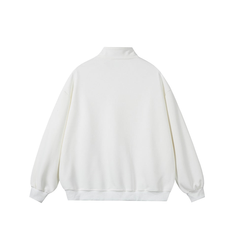 White stand-collar sweatshirt, plain back view with drop shoulders and ribbed cuffs and hem