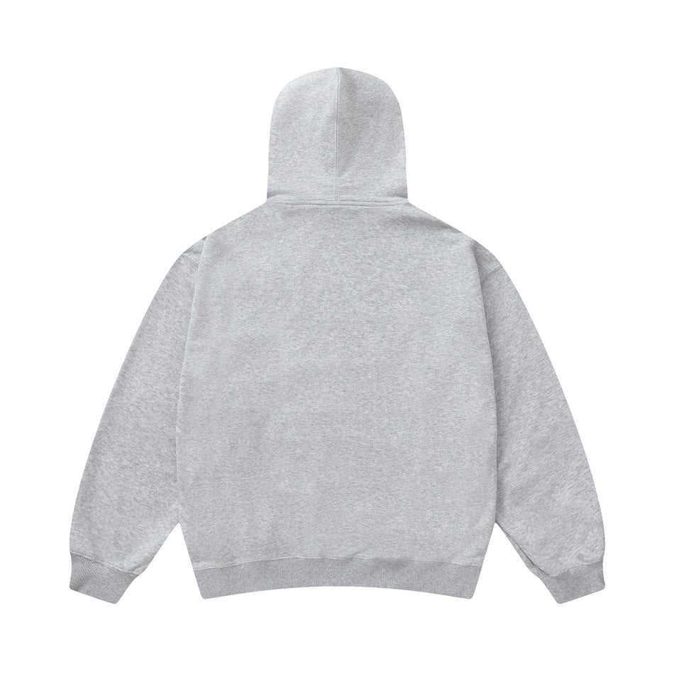 Back view of a light gray pullover hoodie with a plain back, hood, ribbed cuffs, and ribbed hem.
