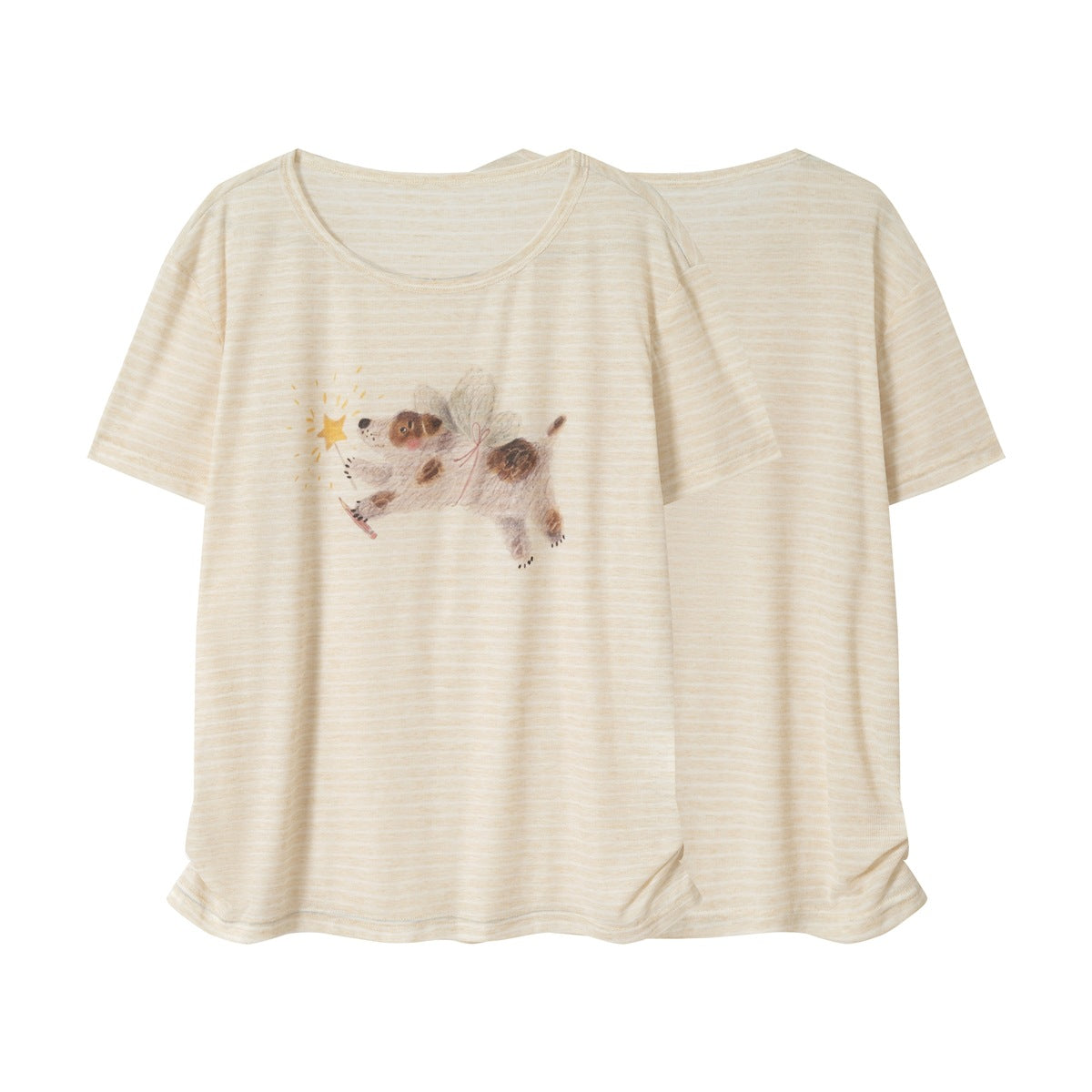 Light beige striped T-shirt shown from the front with a flying dog graphic and from the back.