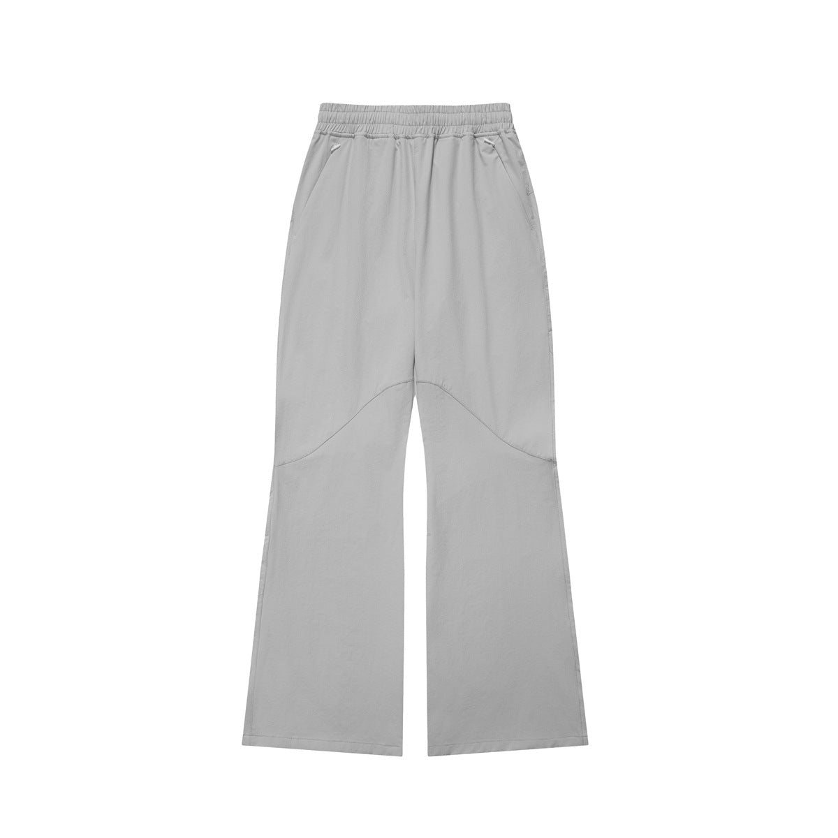 Light gray flared elastic-waist pants flat lay with side pockets and curved knee seam
