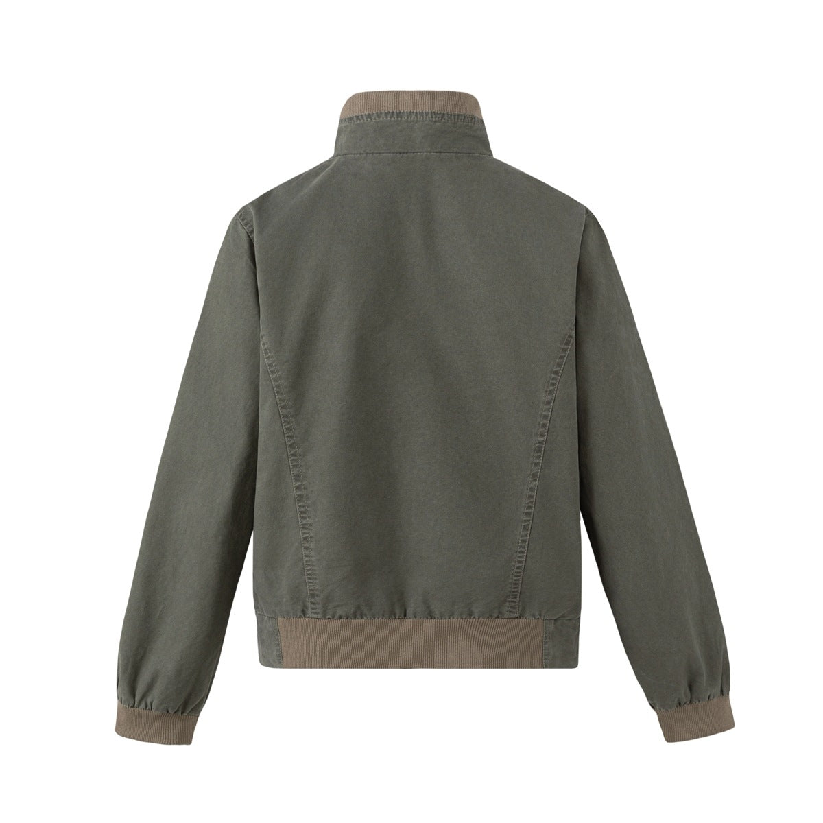 Back view of an olive-gray jacket with brown ribbed collar, cuffs, and hem.