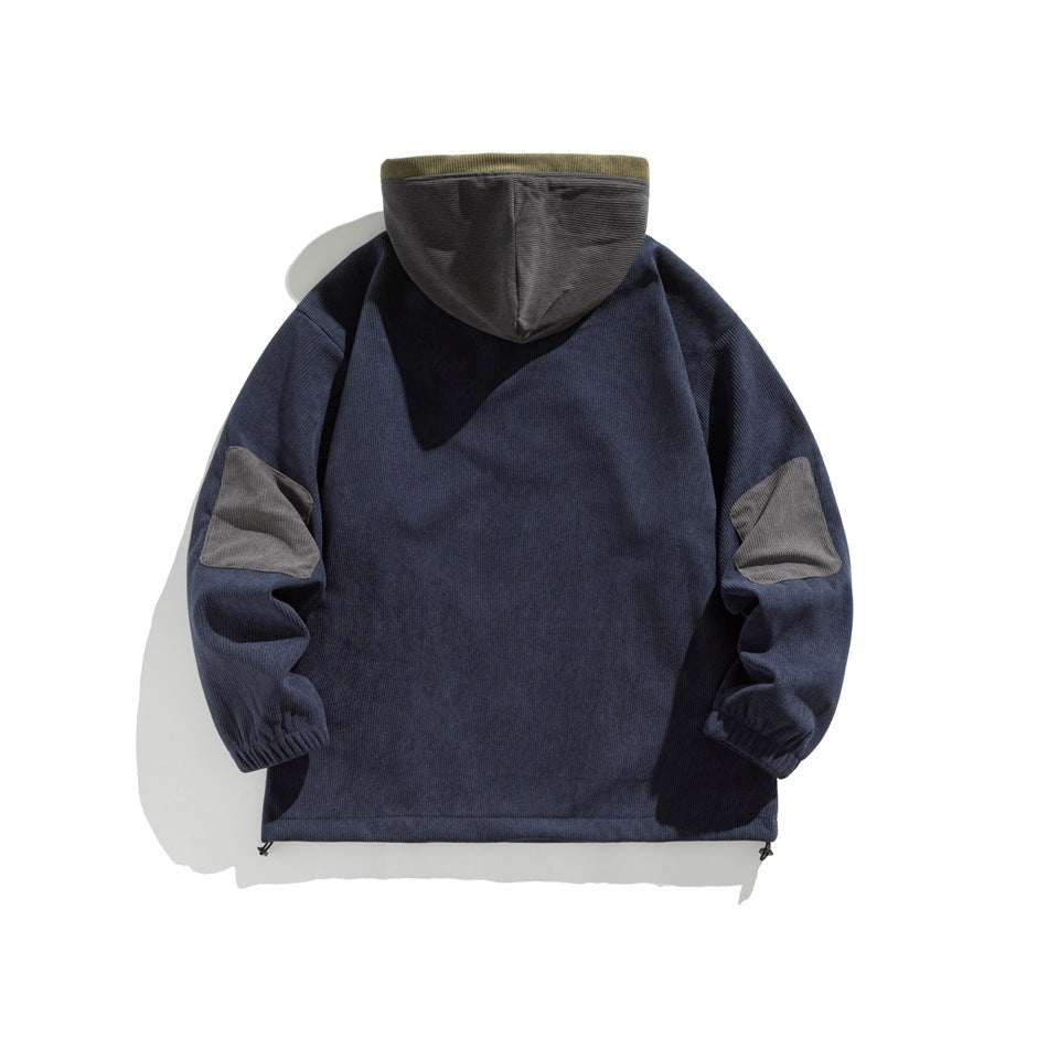 Back view of a navy hooded pullover with a gray hood and gray elbow patches.