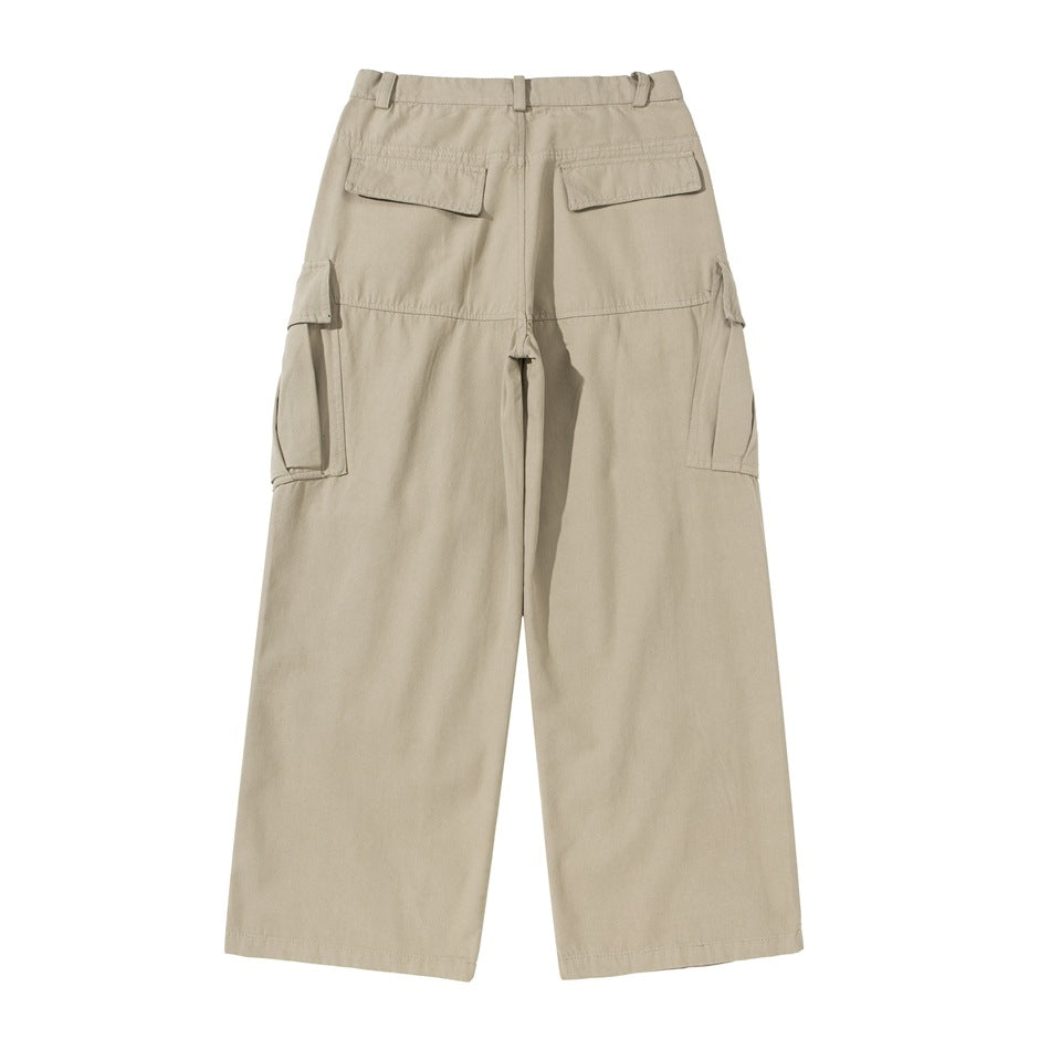 Khaki wide-leg cargo pants flat lay, back view, with two flap back pockets and side cargo pockets
