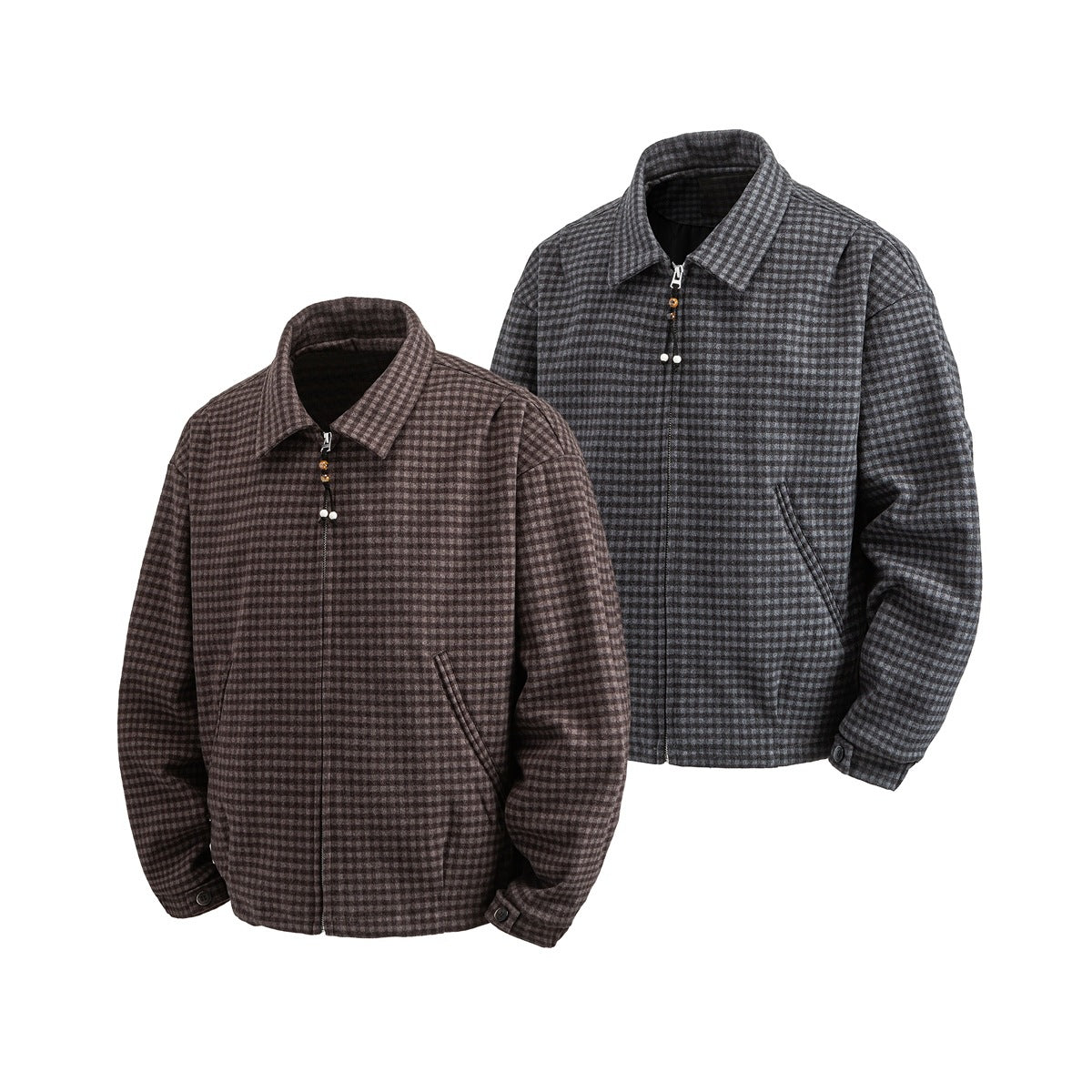 Two check jackets shown from the front: one brown and one charcoal gray, with collars, zip fronts, and side pockets.