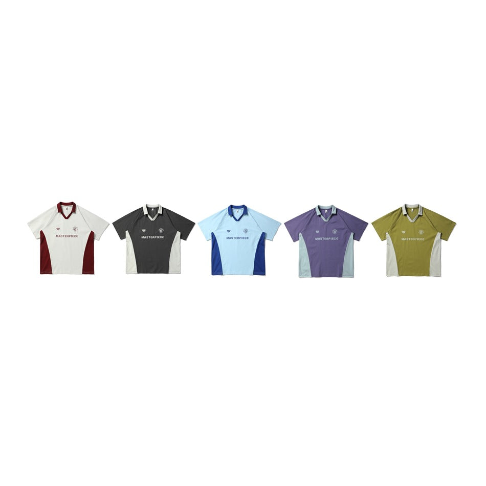 Five colorways of the short-sleeve polo-collar jersey top in a row: cream, dark gray, light blue, purple, olive