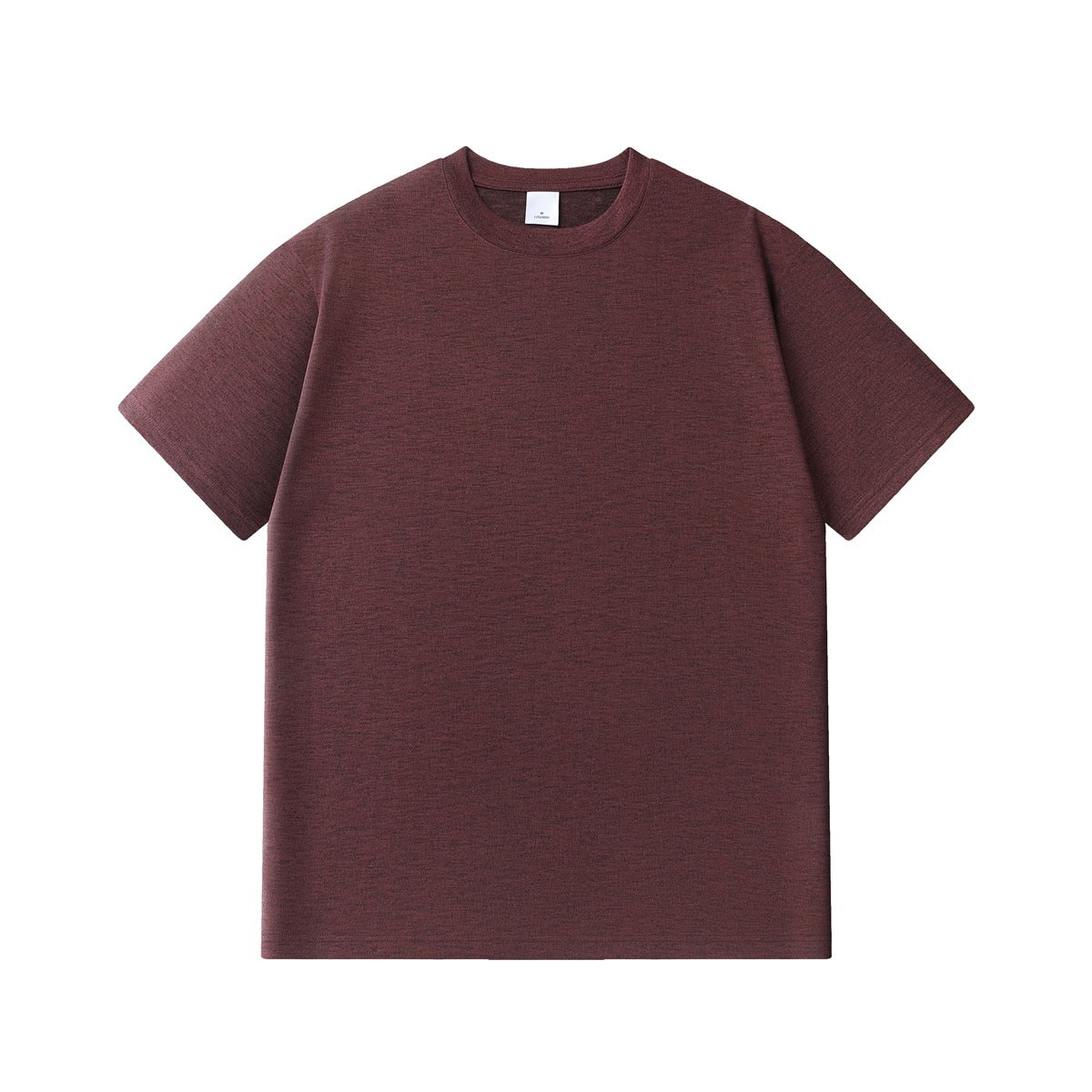 Burgundy heathered short-sleeve crew-neck T-shirt laid flat, front view