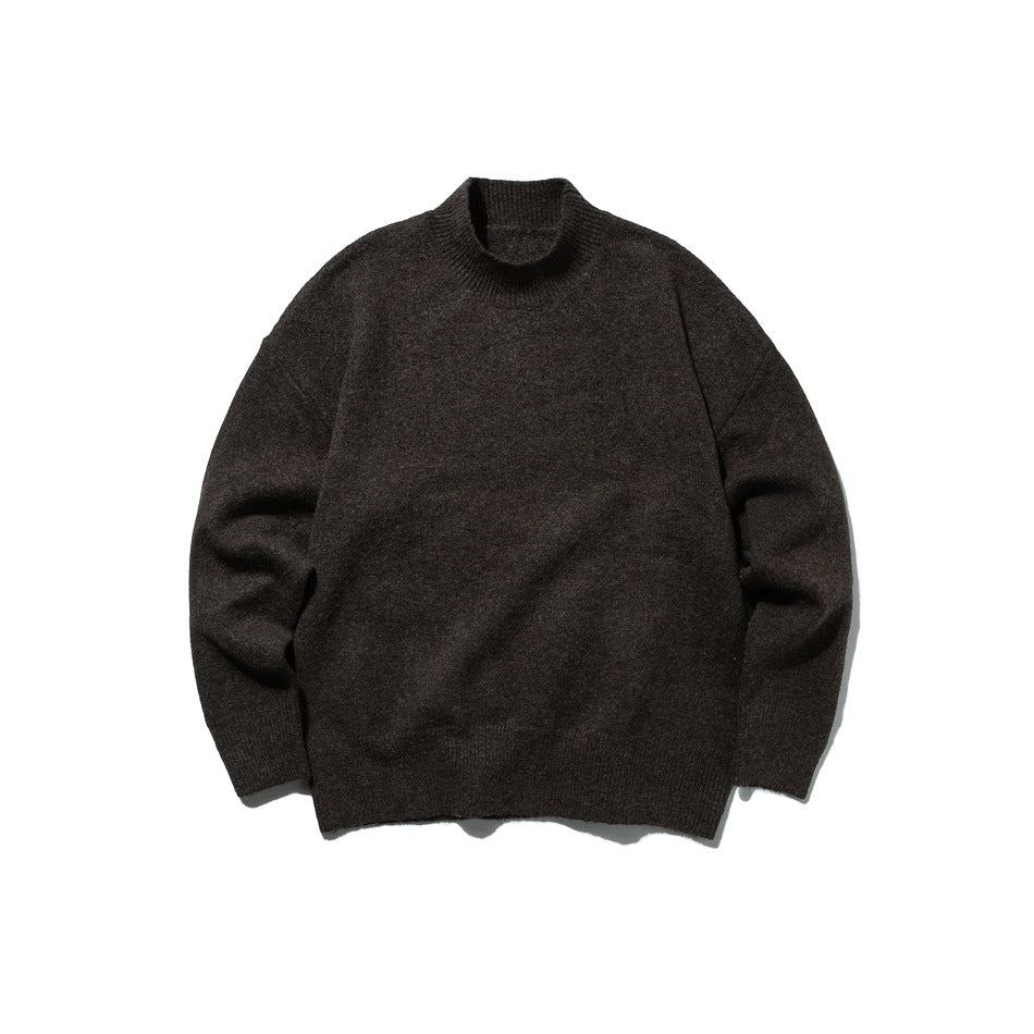 Dark brown mock-neck knit sweater flat lay, front view, with ribbed cuffs and hem