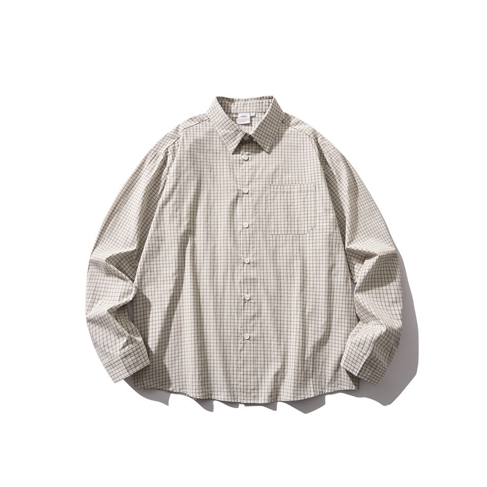 Off-white small plaid long-sleeve button-up shirt with chest pocket, flat lay front view
