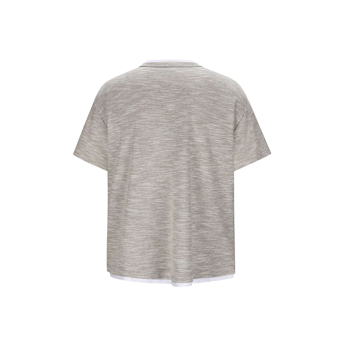 Back view of a heather gray short-sleeve shirt with a crew neckline and white layer peeking below the hem.