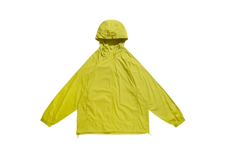 Yellow-green hooded zip-up jacket with front pockets and elastic cuffs, flat front view