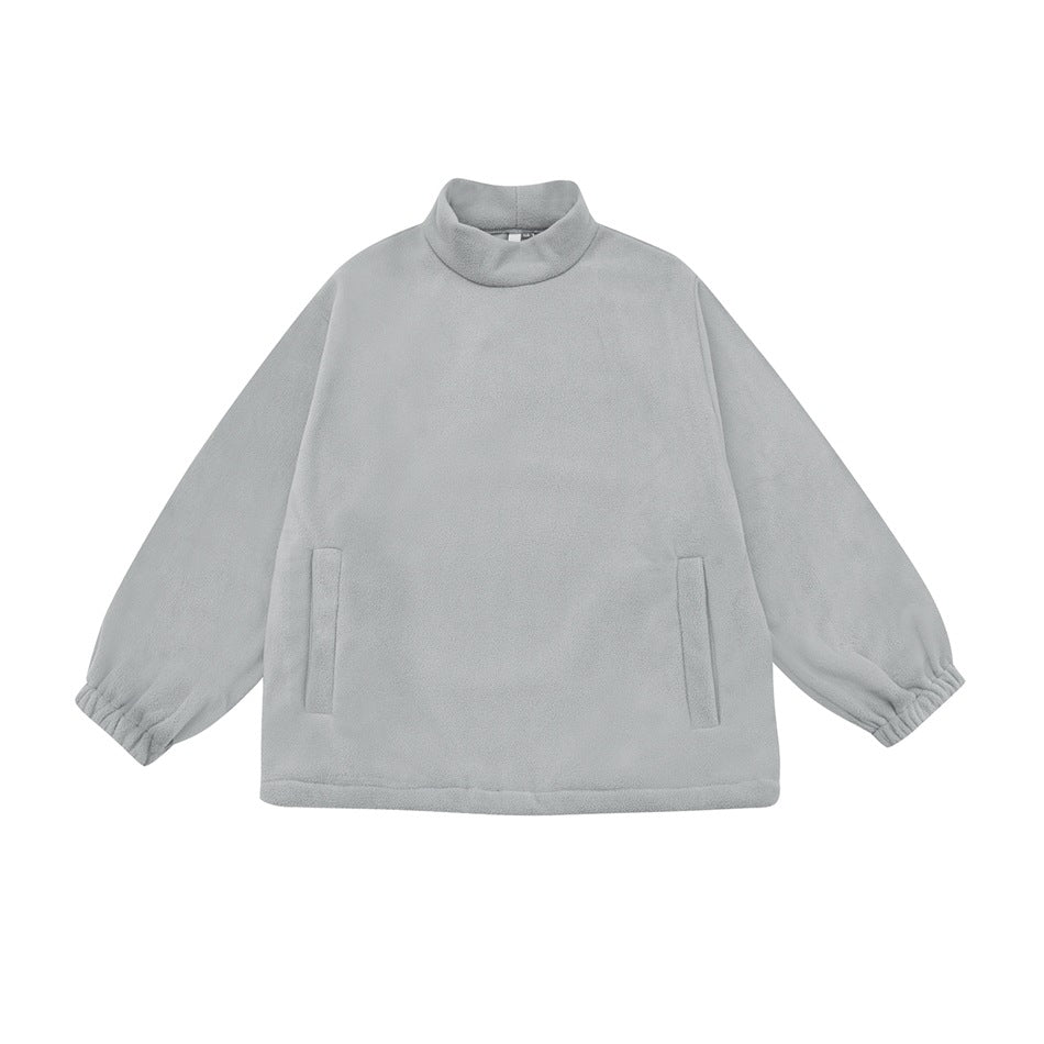 Gray mock-neck fleece-textured pullover with elastic cuffs and two slit pockets, flat lay front view