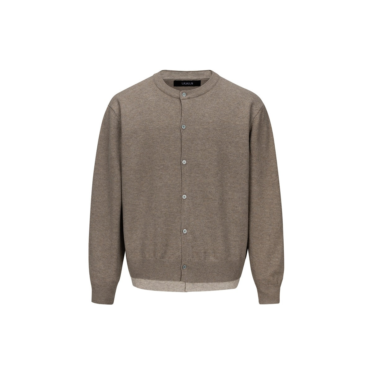 Front view of a taupe-brown button-front cardigan with a crew neck, long sleeves, and ribbed trims.