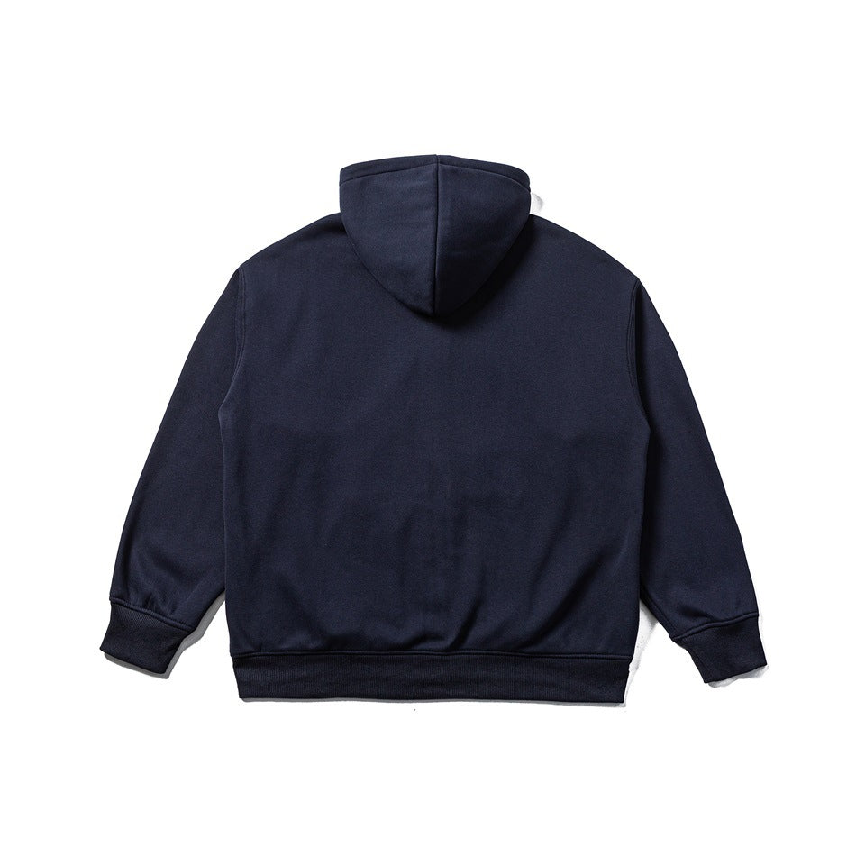 Back view of a dark navy hoodie with a hood, long sleeves, and ribbed cuffs and hem.