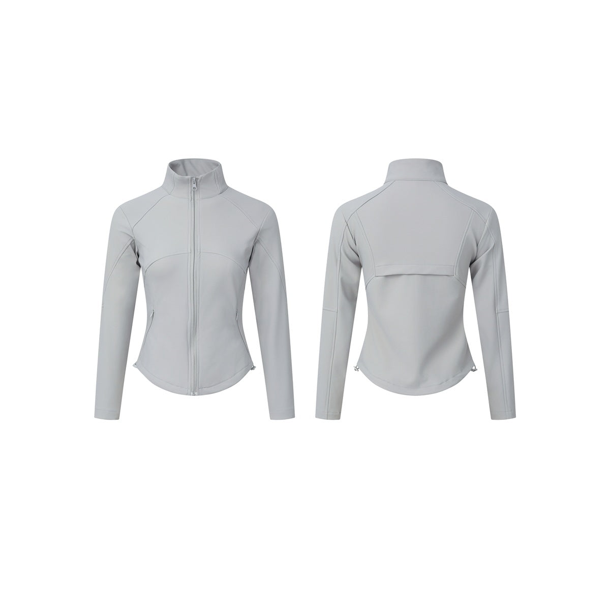 Light gray fitted zip jacket shown flat from the front and back, with a high collar and curved seams.