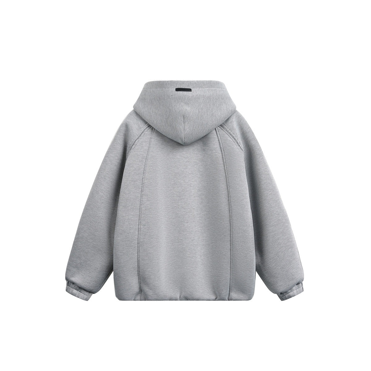 Back view of a light gray hooded jacket laid flat, with curved panel seams and a small dark tab on the hood.