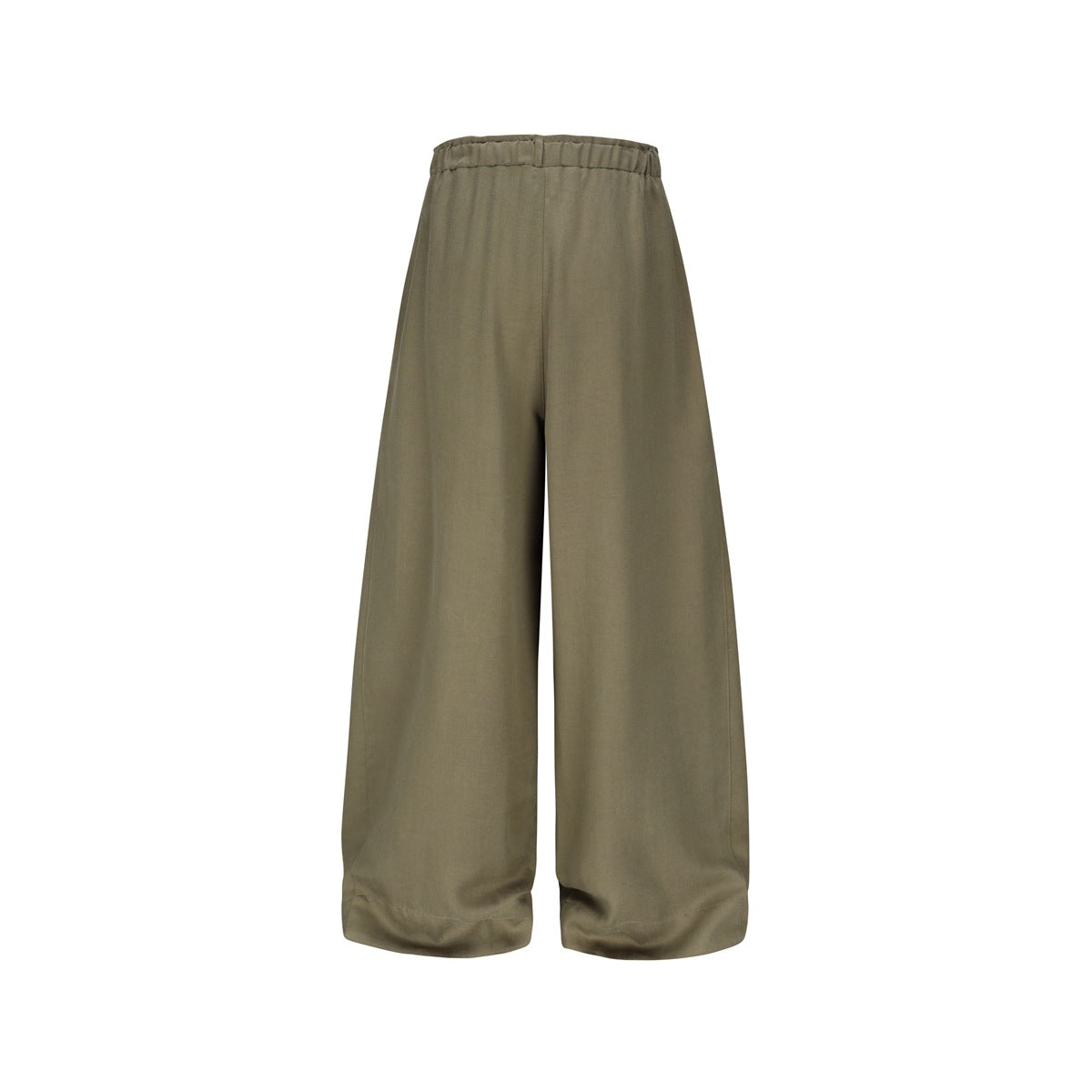 Olive-brown wide-leg trousers shown from the front with a gathered waistband and full-length legs.