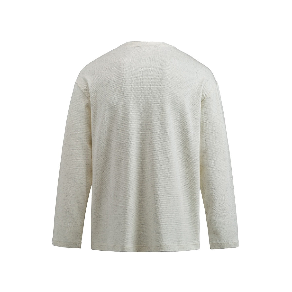 Back view of a plain off-white long-sleeve crew-neck shirt on a white background.