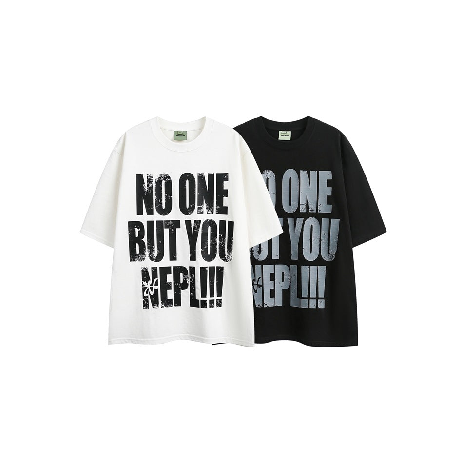 White and black short-sleeve T-shirts shown from the front, each with large distressed lettering.