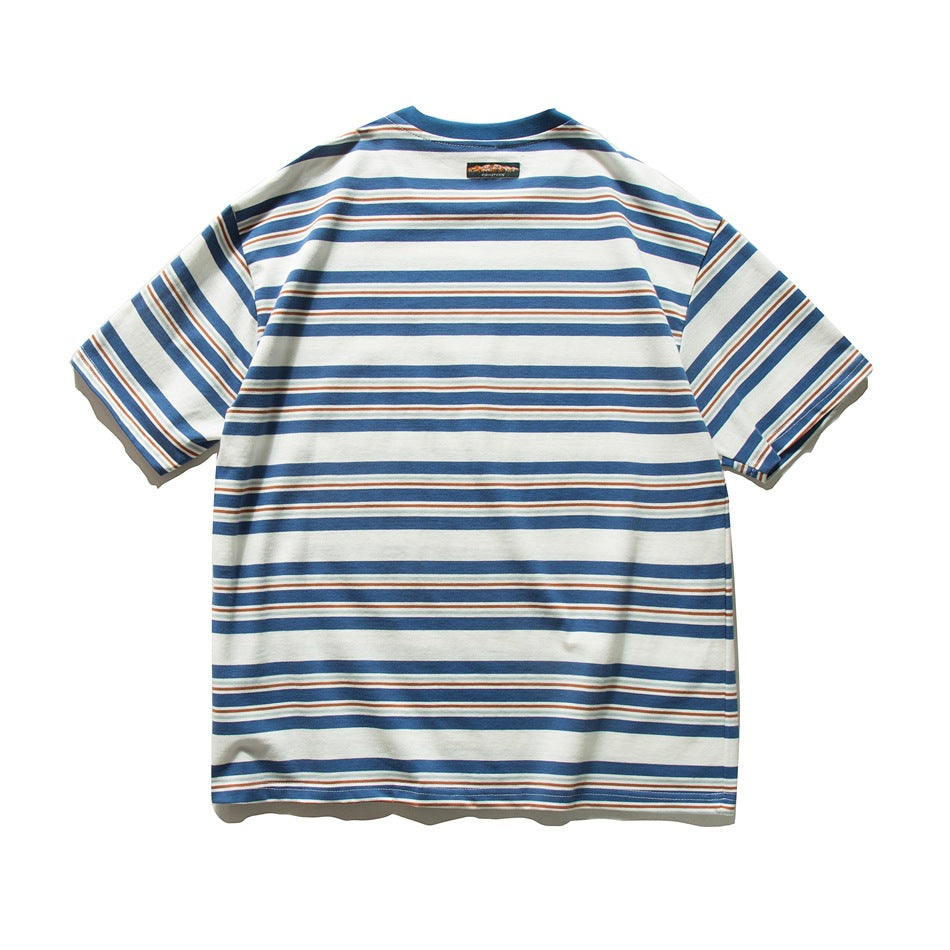 Back view of blue, cream and rust striped T-shirt with small woven label below the collar, flat lay