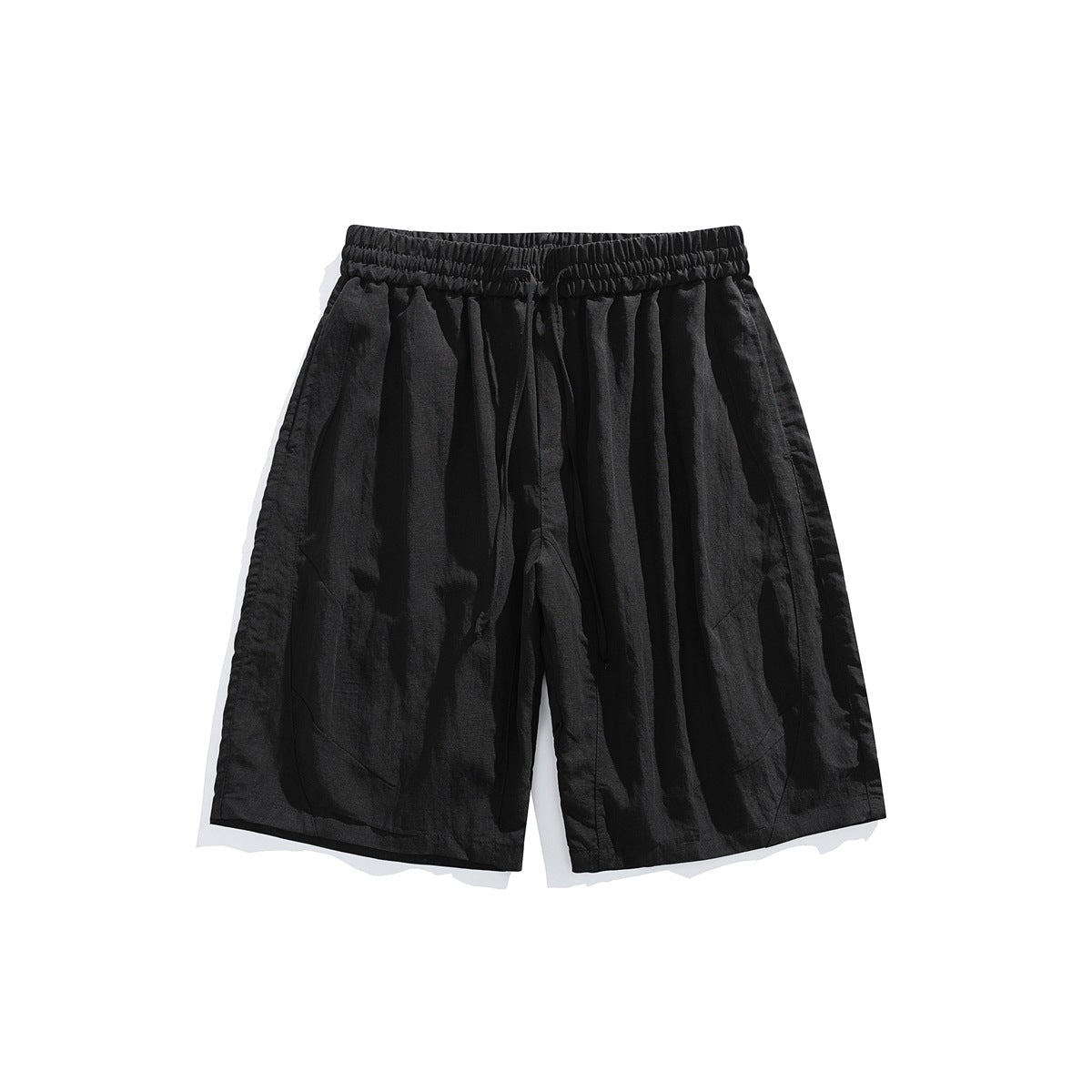 Black knee-length shorts with elastic drawstring waist and curved leg seams, flat front view