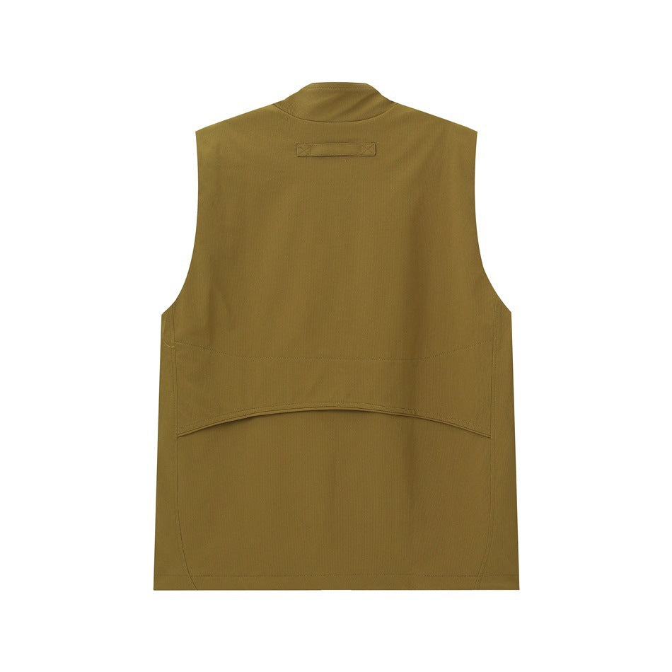Back view of an olive-brown sleeveless utility vest with a stand collar and curved seam across the lower back.