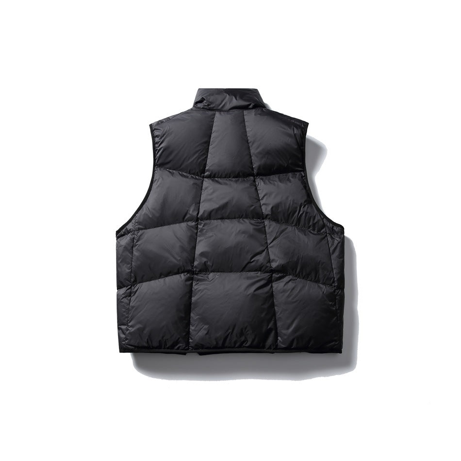 Back view of a black quilted sleeveless puffer vest with a raised collar on a white background.
