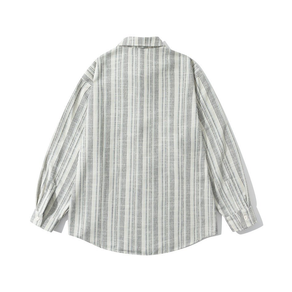 Back view of blue-gray striped long-sleeve shirt with collar and button cuffs, flat lay