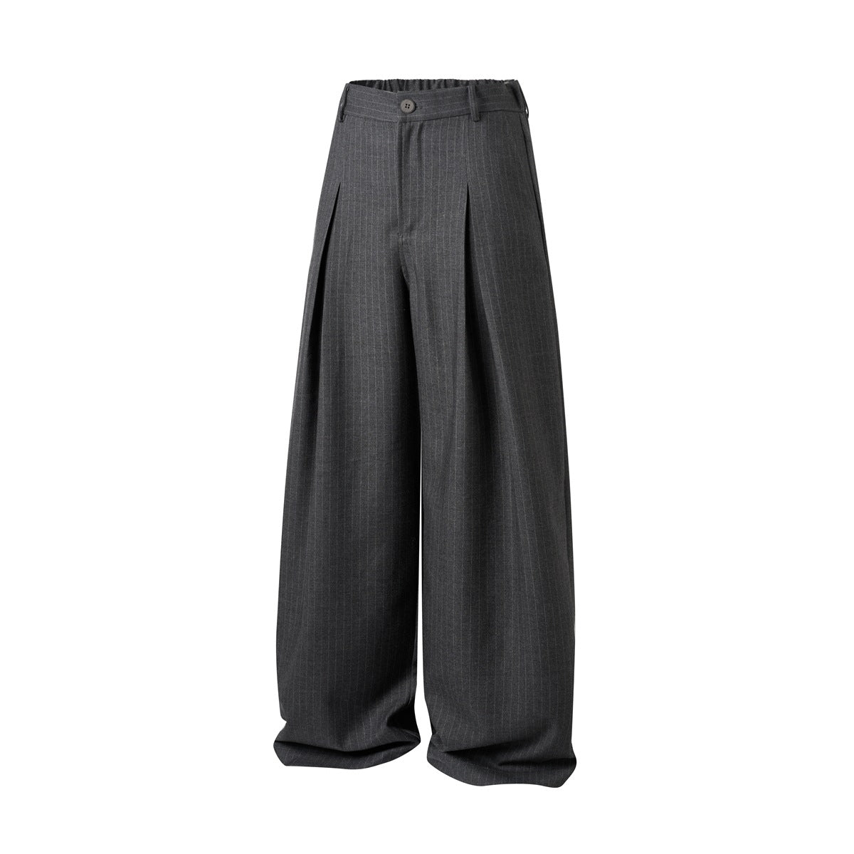 Dark gray pinstriped wide-leg trousers with front pleats, button and belt loops, flat-lay angled view