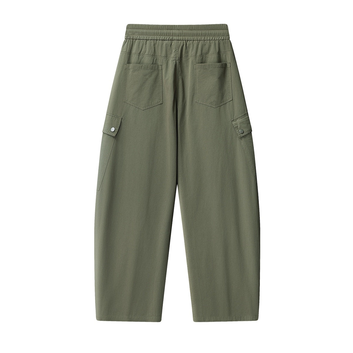 Back view of olive-green wide-leg cargo pants with an elastic waistband, two rear pockets, and side snap-flap pockets.