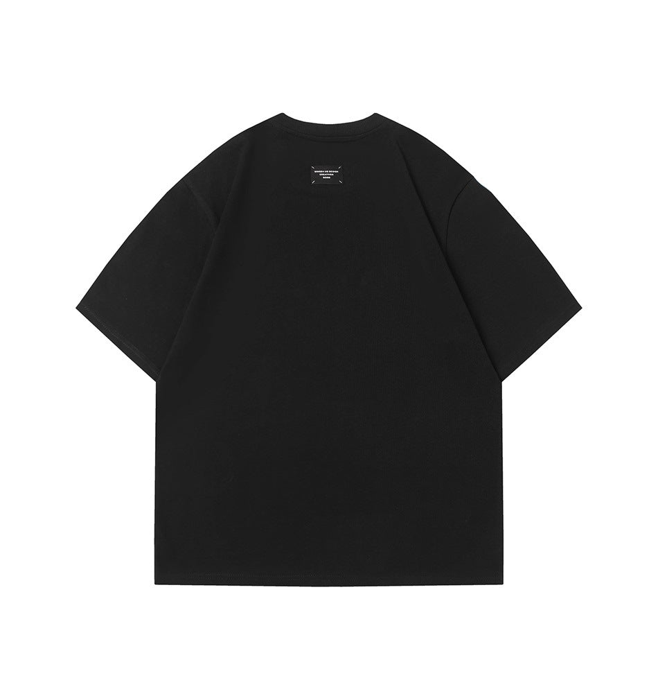 Back view of a black short-sleeve crew-neck T-shirt with a small label below the collar.