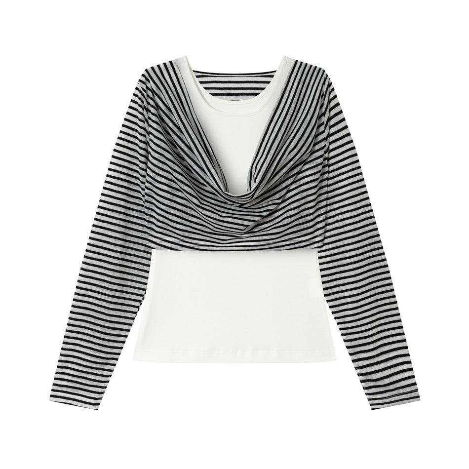 Black and gray striped long-sleeve cowl-neck top layered over a white scoop-neck underlayer, front flat lay