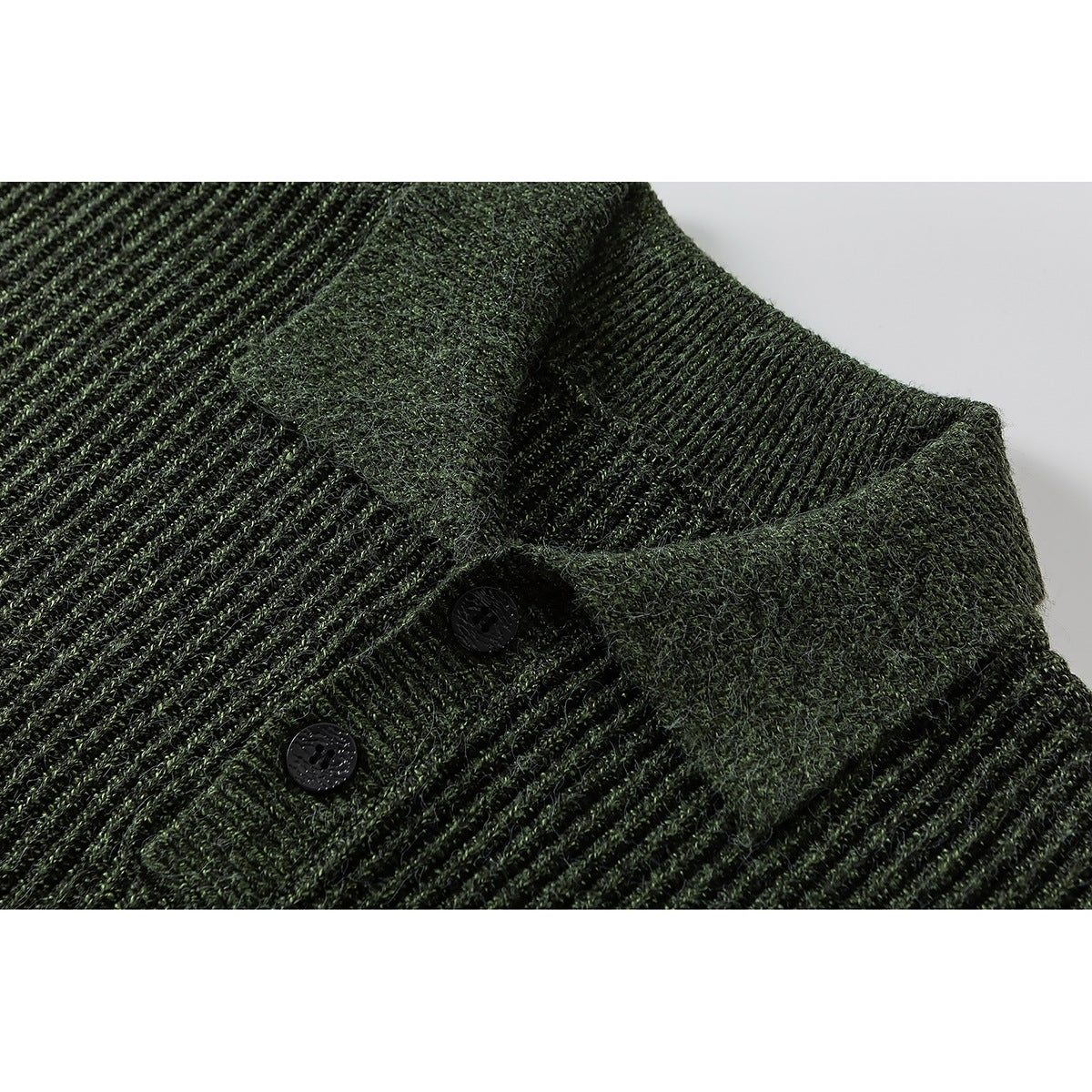 Close-up of a dark green rib-knit polo sweater collar and two-button placket.