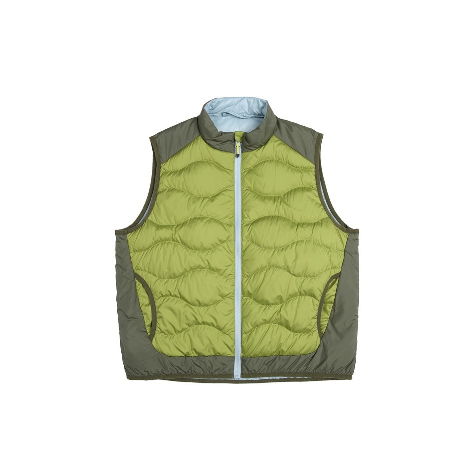 Army green quilted zip vest with lime-green wavy quilted panels, olive side panels and light blue zipper