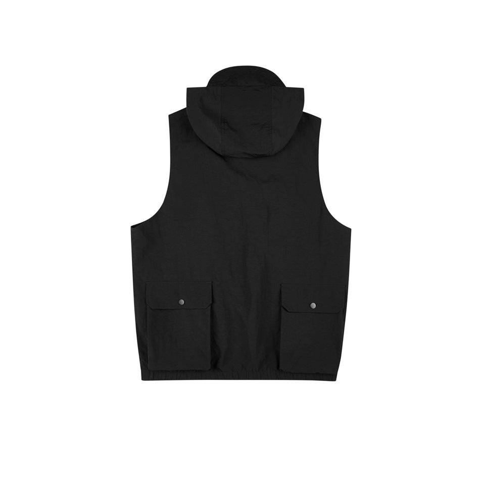 Black sleeveless hooded vest back view with two large flap pockets and an elasticated hem