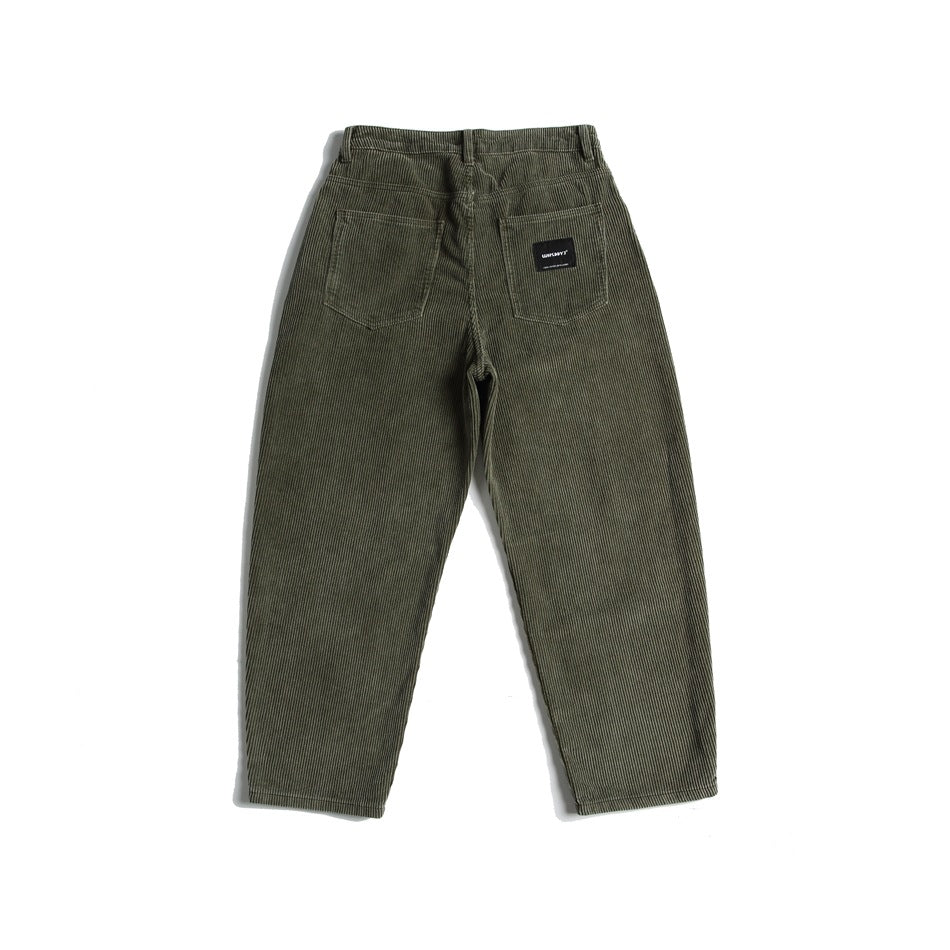 Full rear view of olive ribbed pants with two patch pockets and a black label.