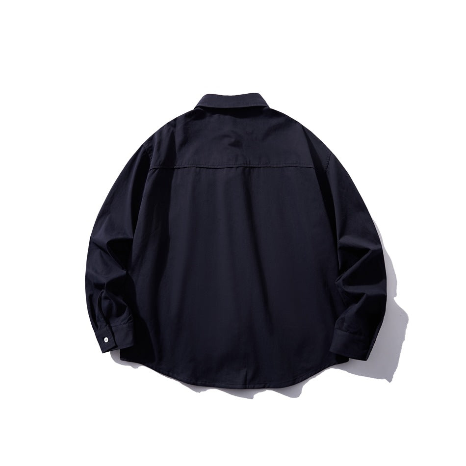 Navy blue long-sleeve shirt back view showing yoke seam, collar and buttoned cuff