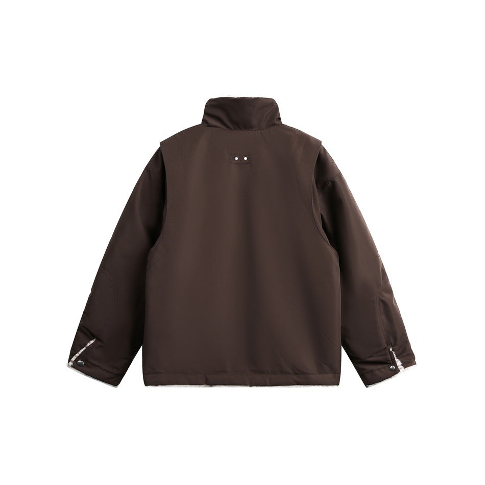 Back of brown jacket with stand collar, small rivet patch, snap cuff tabs and plush trim at hem