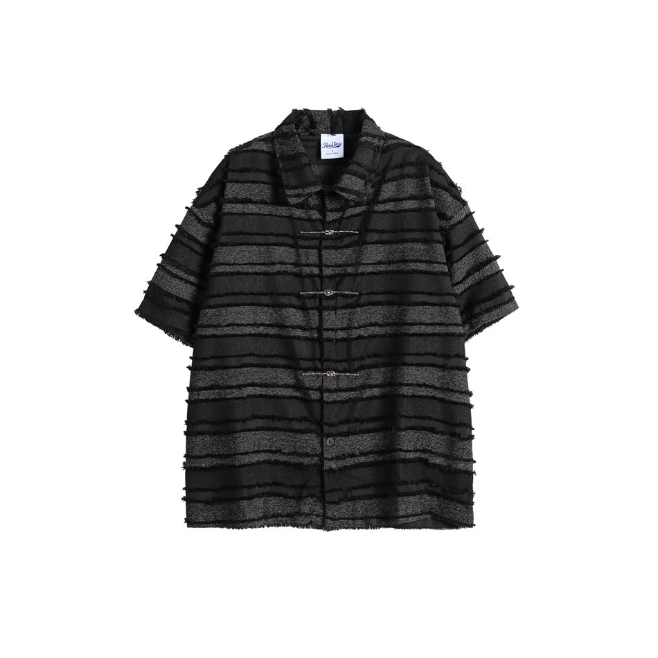 Black and charcoal gray striped short-sleeve collared shirt with frayed texture and metal toggle fasteners, flat front view
