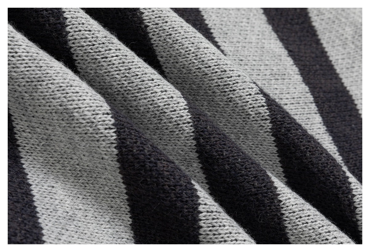 Extreme close-up of the gray and charcoal striped knit texture.